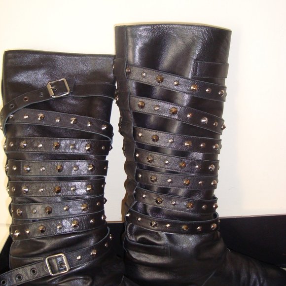Golden Goose Black Leather And Silver Studded Flat Boots 9 - Picture 1 of 8